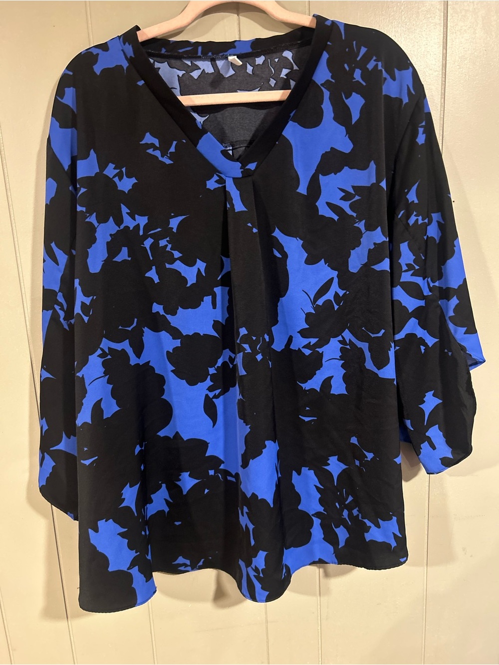 Blue and Black Floral V-Neck Blouse